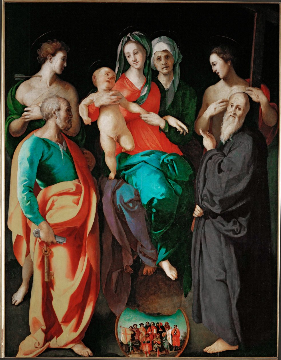 De Maagd met Sint-Anna en vier heiligen (Petrus Sebastiaan, Benedictus en de goede boosdoener ... door Jacopo Pontormo