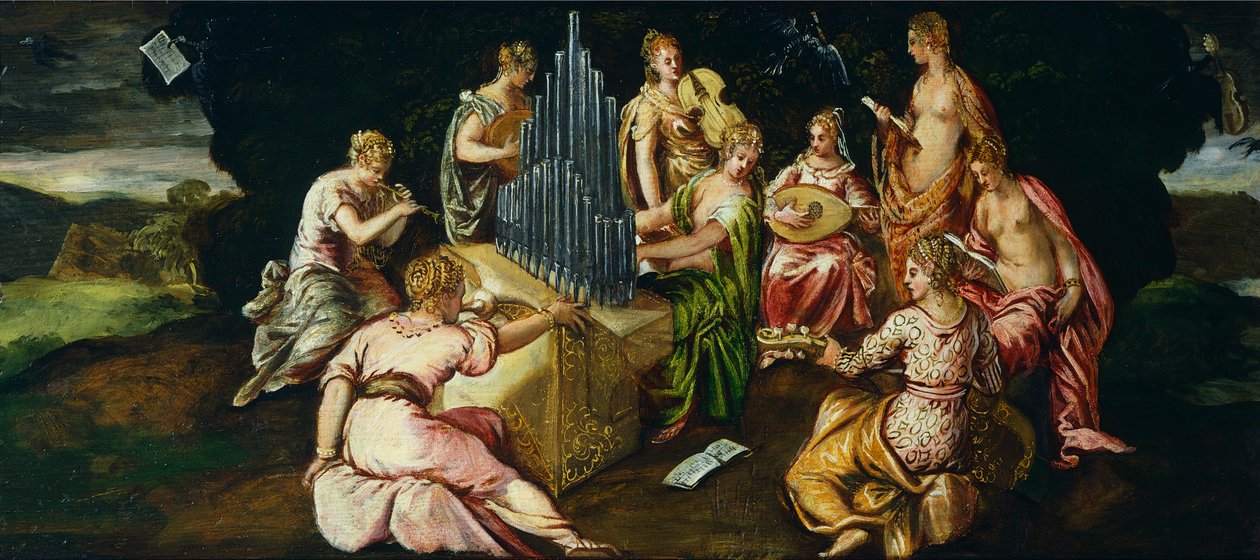 Wedstrijd tussen Muzen en Pierides, door Jacopo Robusti bekend als Tintoretto (1519-1594) door Jacopo Robusti Tintoretto