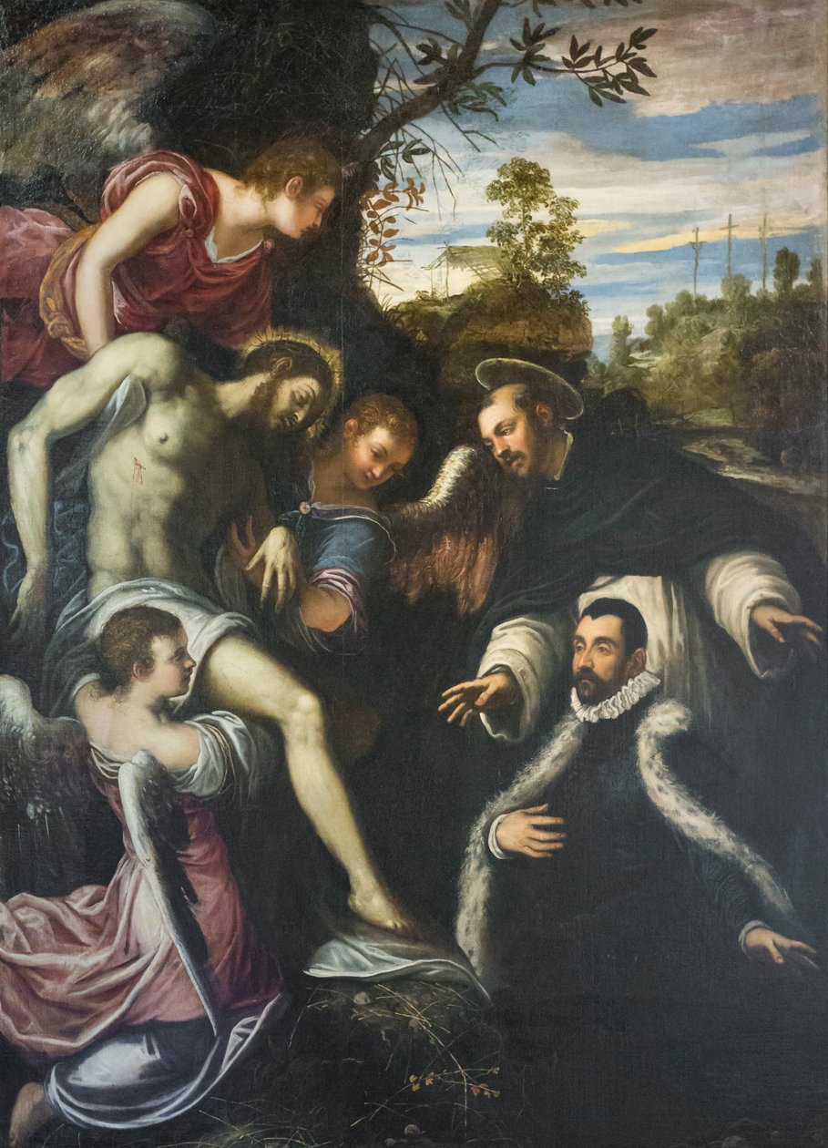 Dode Christus ondersteund door drie engelen, Sint Dominicus en schenker door Jacopo Robusti Tintoretto