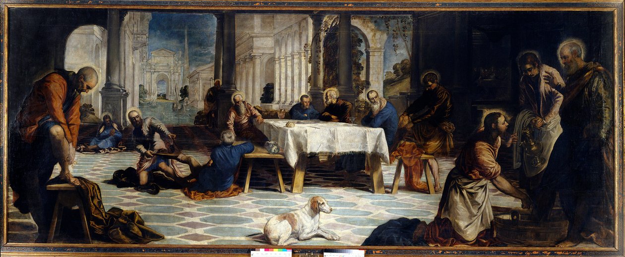 Jezus Christus wast de voeten van zijn discipelen. Schilderij door Jacopo Robusti (Il Tintoretto) door Jacopo Robusti Tintoretto