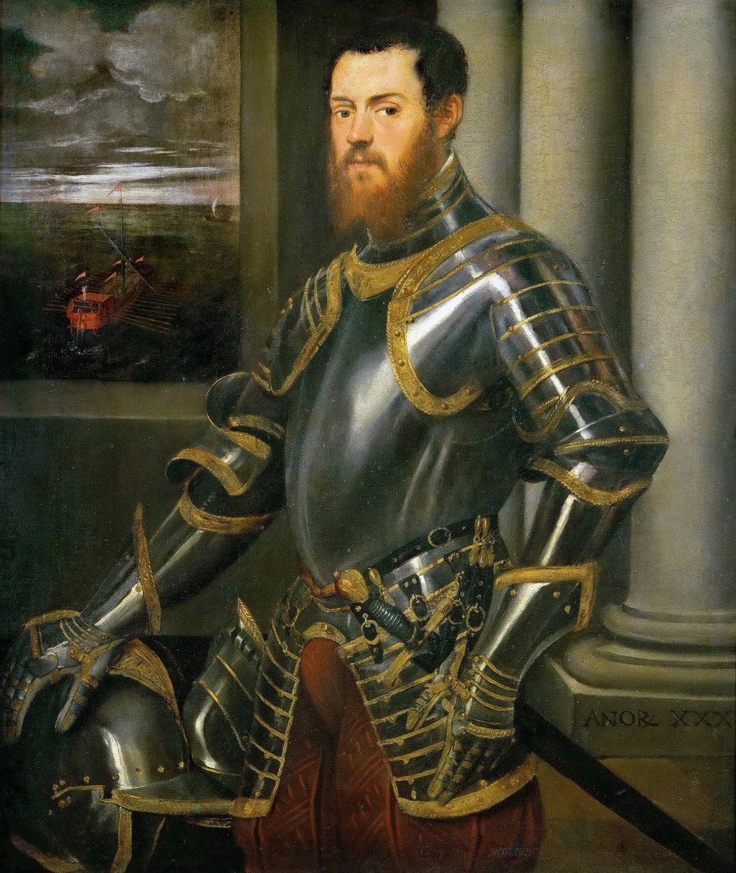 Portret van een man in een goud versierde harnas, ca. 1555 door Jacopo Robusti Tintoretto
