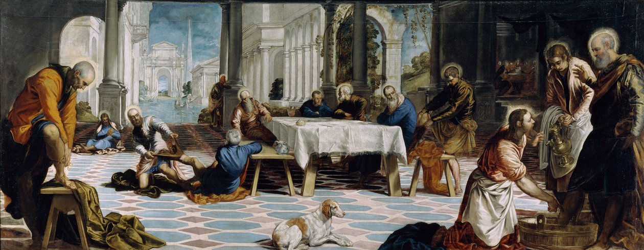Christus wast de voeten van de discipelen door Jacopo Tintoretto