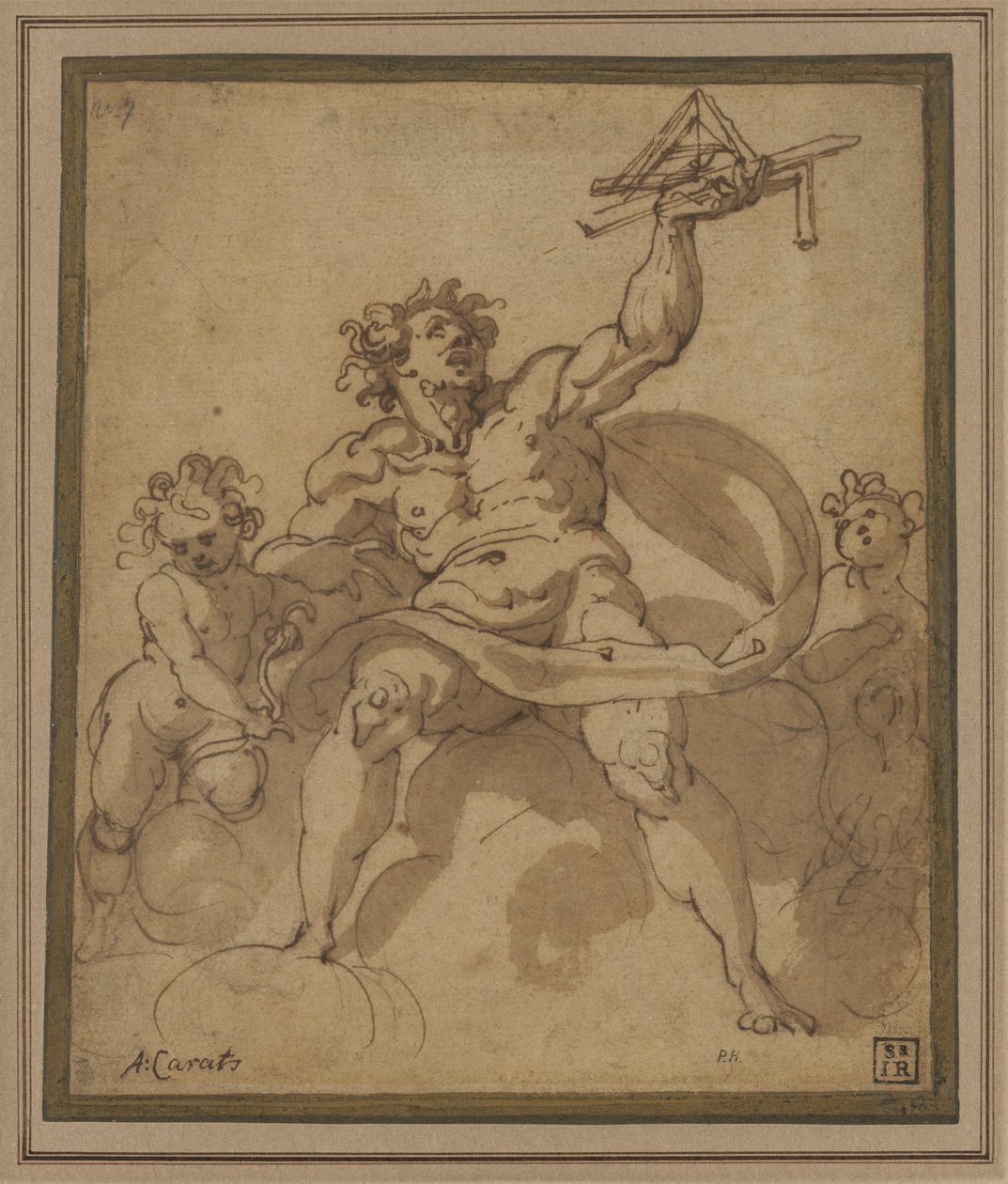 Een allegorie van Architectuur: Een mannelijke figuur met twee putti door Jacopo Zucchi
