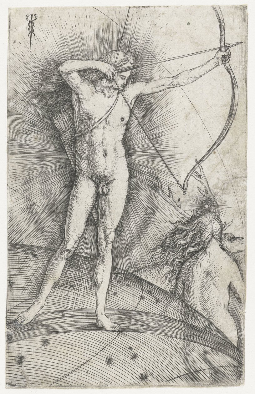 Apollo met pijl en boog op hemelglobe en Diana met hert door Jacopo de