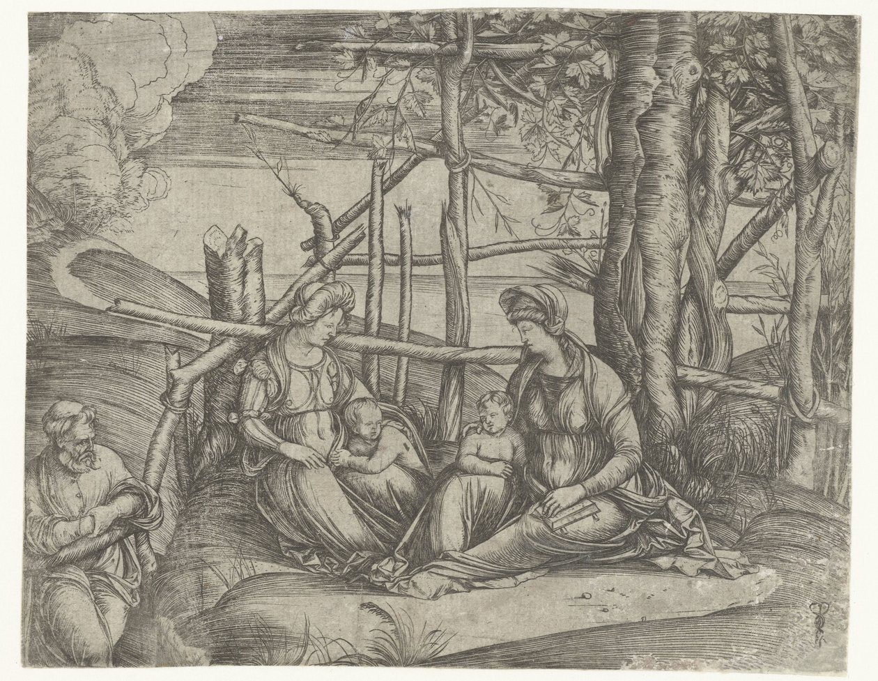 Heilige familie met Elisabeth en Johannes de Doper door Jacopo de