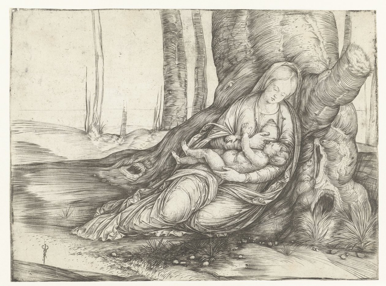 Maria met kind aan borst zit voor voet van boom door Jacopo de
