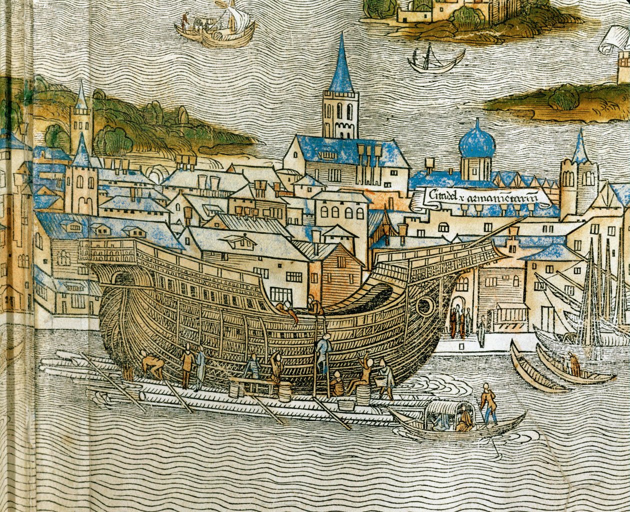 Het bouwen van een galei in een scheepswerf in Venetië, uit Peregrinatio in Terram Sanctam, voor het eerst gedrukt in het Latijn in 1486 ... (houtsnede) door Jacopo de