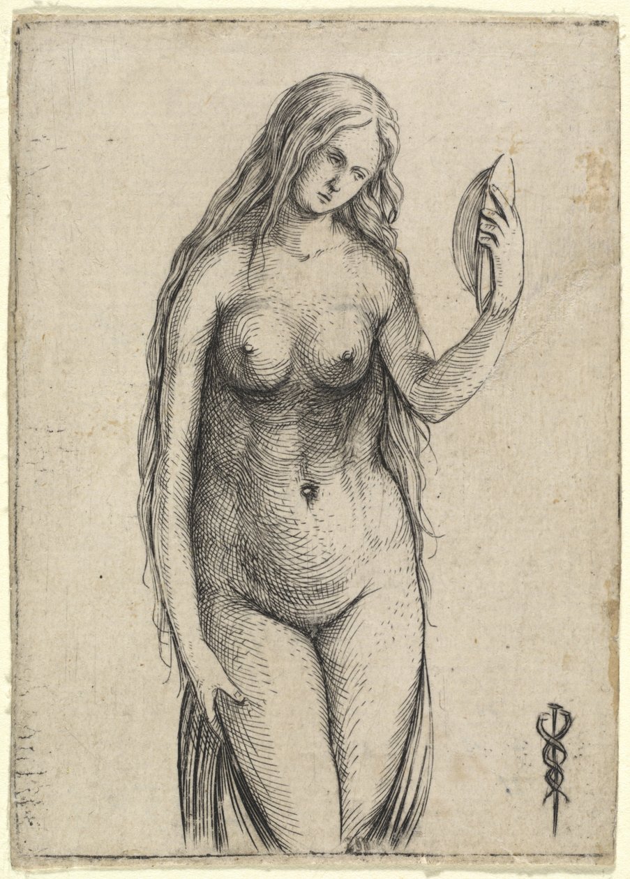 Naakte vrouw die een spiegel vasthoudt (Allegorie van Vanitas) door Jacopo de