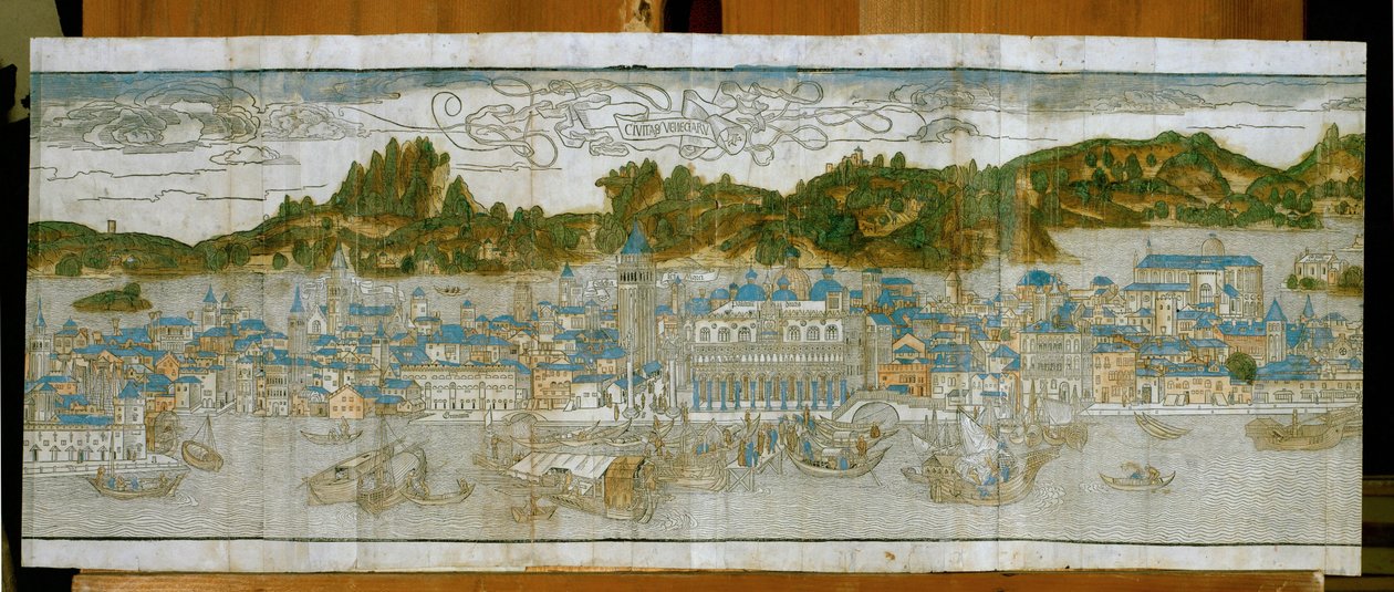 Venetië met het San Marcoplein, het Dogenpaleis en de oude campanile ... (houtsnede) door Jacopo de