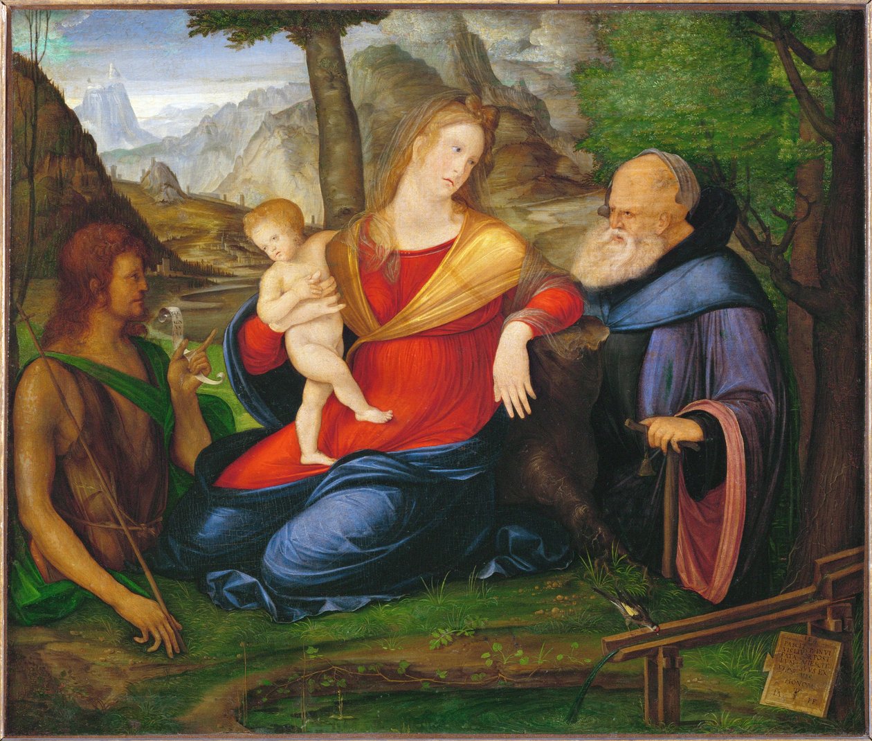 Maagd en kind tussen de heilige Johannes Baptist en de heilige Antonius Abbas ... door Jacopo de