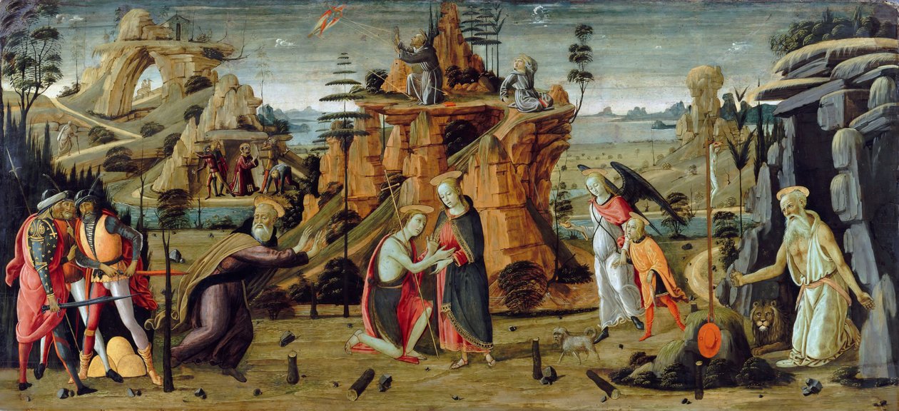 Landschap met bijbelse scènes en legendes van de heiligen door Jacopo del Sellaio
