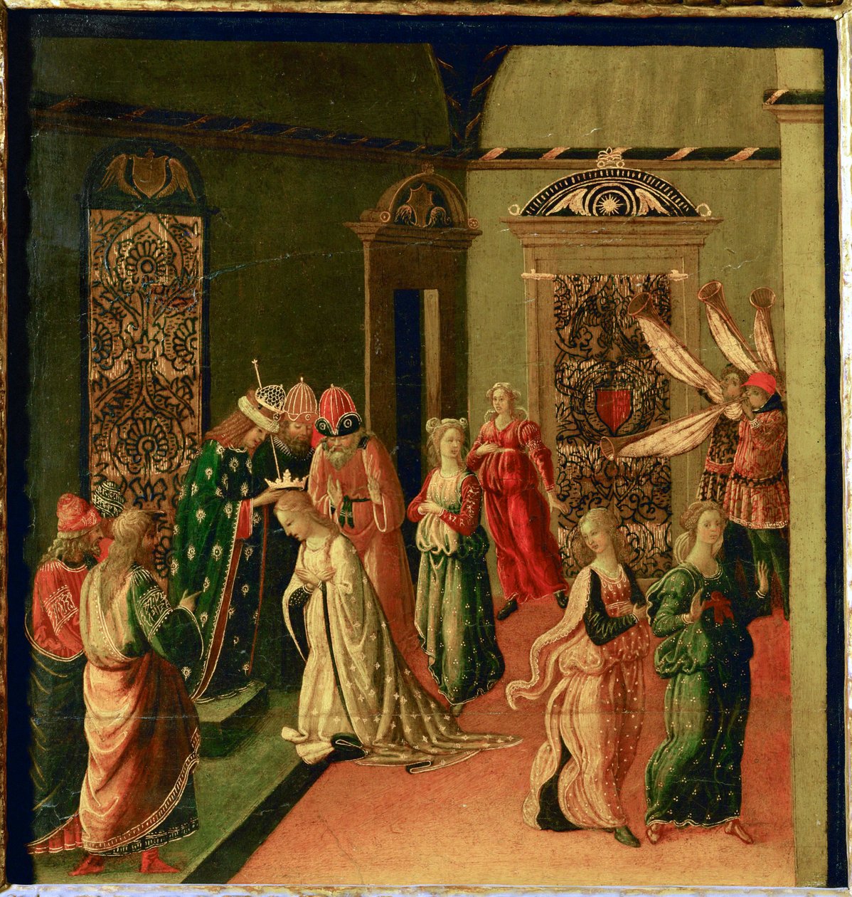 De kroning van Esther door Ahasveros ... door Jacopo del Sellaio