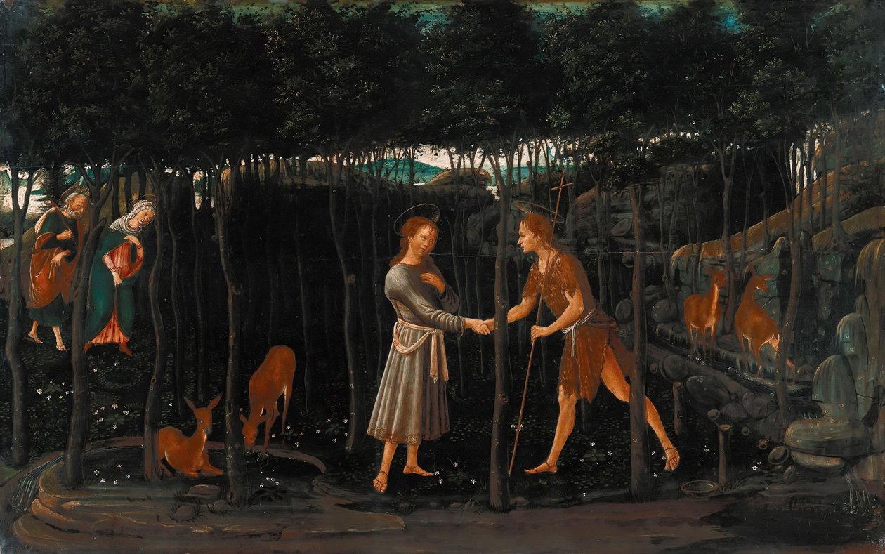 De ontmoeting van het Christuskind en Johannes de Doper door Jacopo del Sellaio