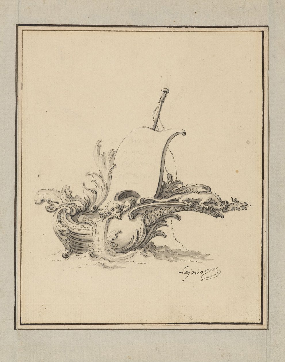 Ontwerp voor een wapenschild in de vorm van een boot met zeil, voor Recueil Nouveau de Differens Cartouches door Jacques de Lajoüe