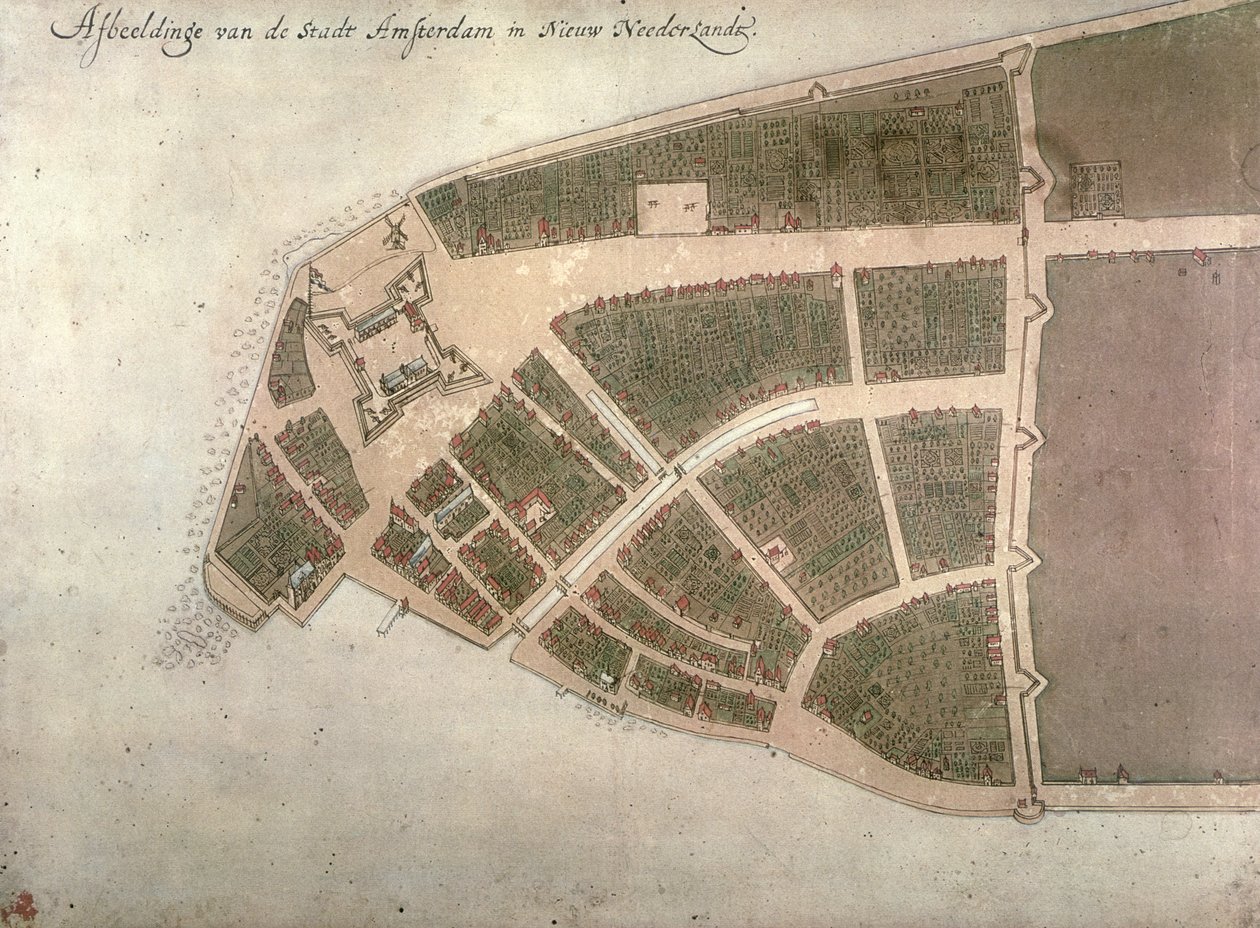Uitzicht op Nieuw Amsterdam, Costello Plan, 1660 door Jacques Cortelyou