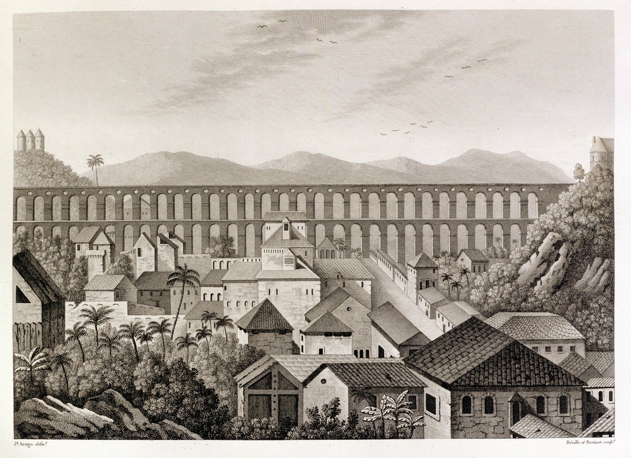Uitzicht op een deel van de stad en het Grote Aquaduct van Rio de Janeiro, uit 