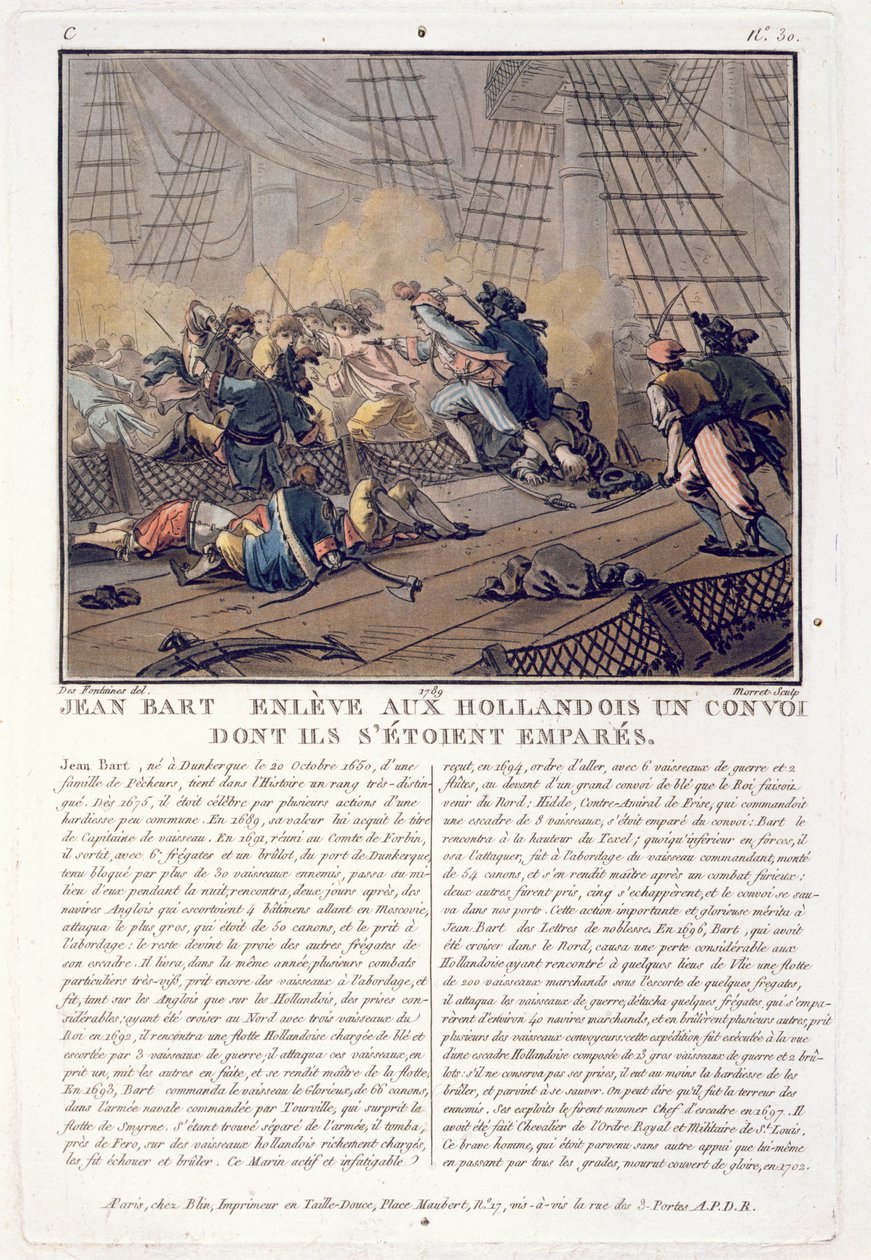 Jean Bart, Franse marinecommandant neemt het Nederlandse konvooi, 1696, gegraveerd door Jean Baptiste Morret, 1789 door Jacques Francois Joseph Swebach