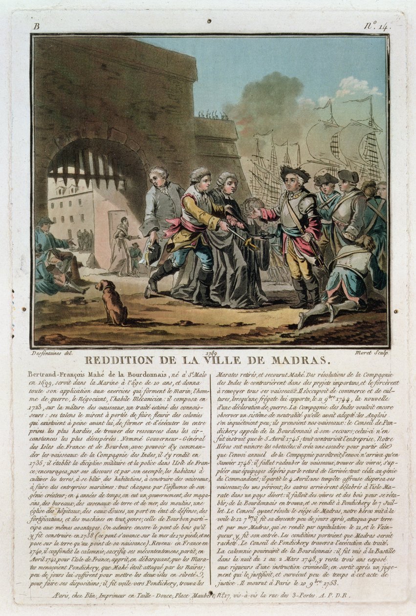 Overgave van de stad Madras, 1746, gegraveerd door Jean Baptiste Morret (f.1790-1820), 1789 door Jacques Francois Joseph Swebach
