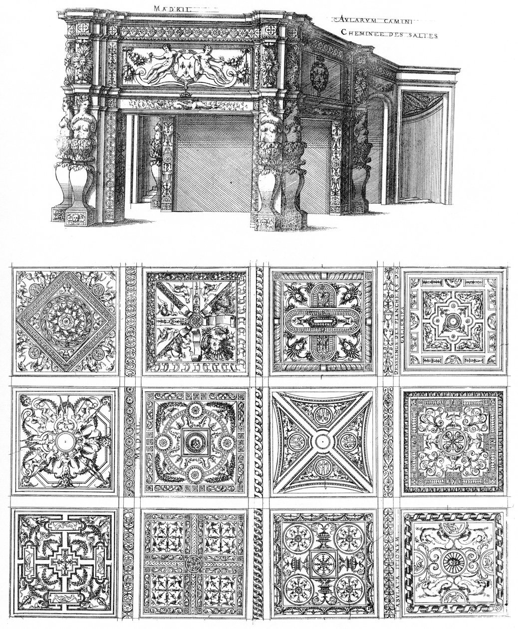 Gravure uit Le premier volume des plus excellents Bastiments de France door Jacques I Androuet du Cerceau, haard- en vloerontwerpen voor het Château de Madrid door Jacques I Androuet du Cerceau
