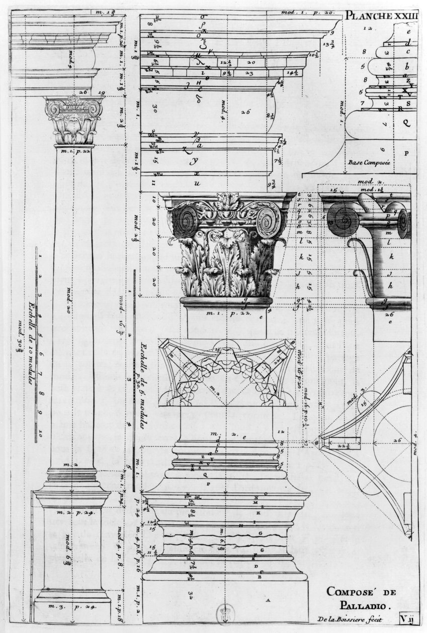 Doorsnede en elevatie van een samengestelde kolom ontworpen door Andrea Palladio, illustratie uit 