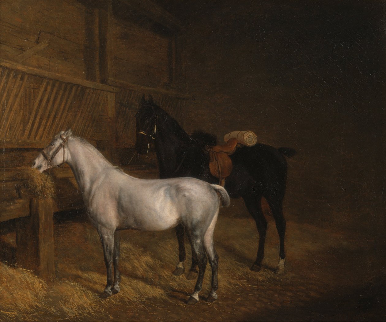 Een grijze pony en een zwart strijdpaard in een stal door Jacques-Laurent Agasse