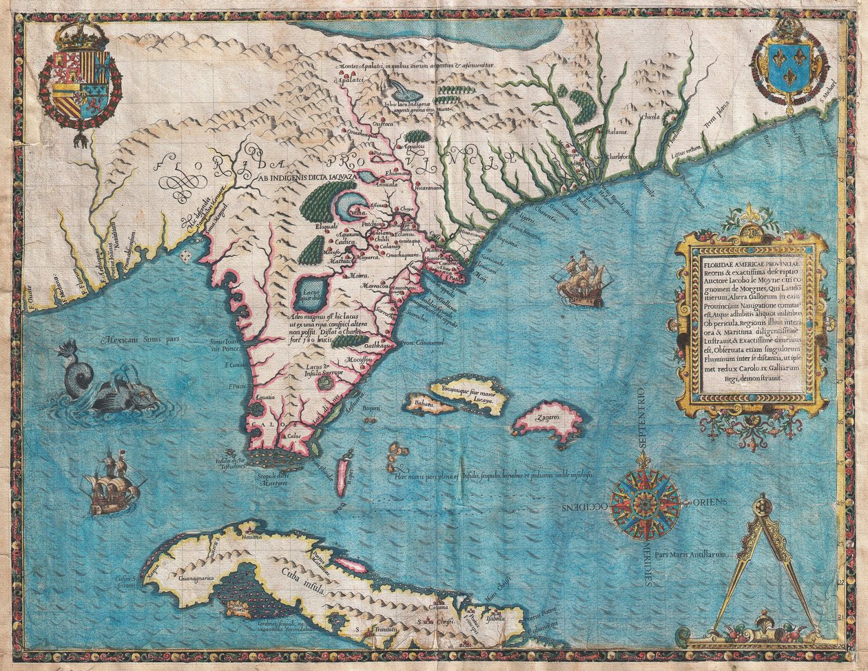 Kaart van Florida en Cuba door Jacques Le Moyne door Jacques  Le Moyne