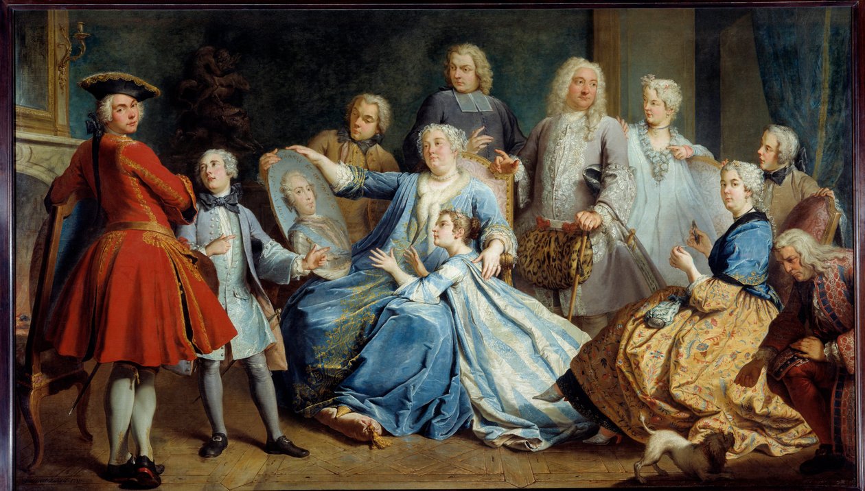 Portret van Madame Mercier, verpleegster van Lodewijk XV, omringd door haar familie door Jacques  Dumont