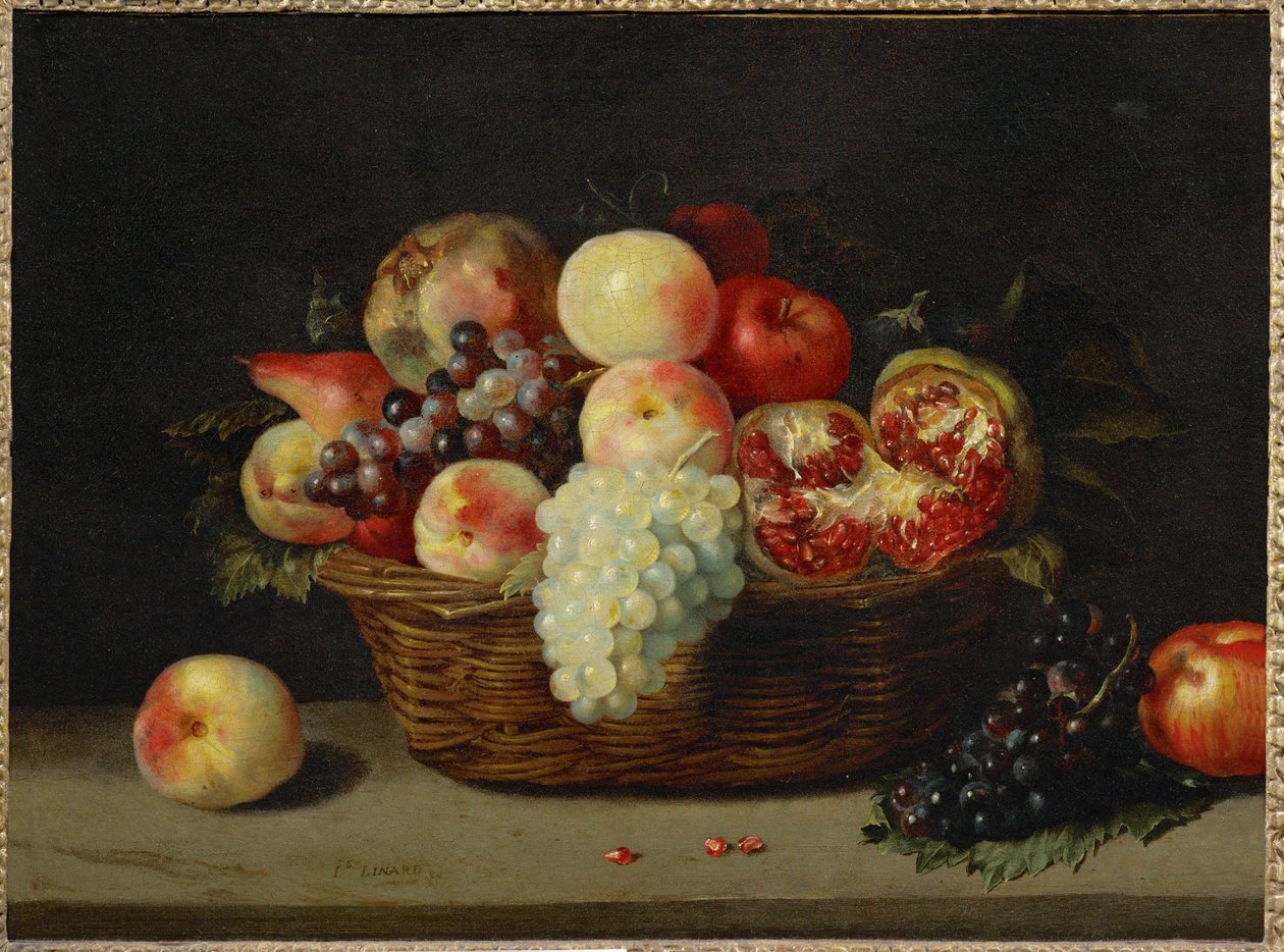 Panier de grenade, peches et raisins - Een mand met granaatappel, perziken en druiven ... door Jacques (attr. to) Linard