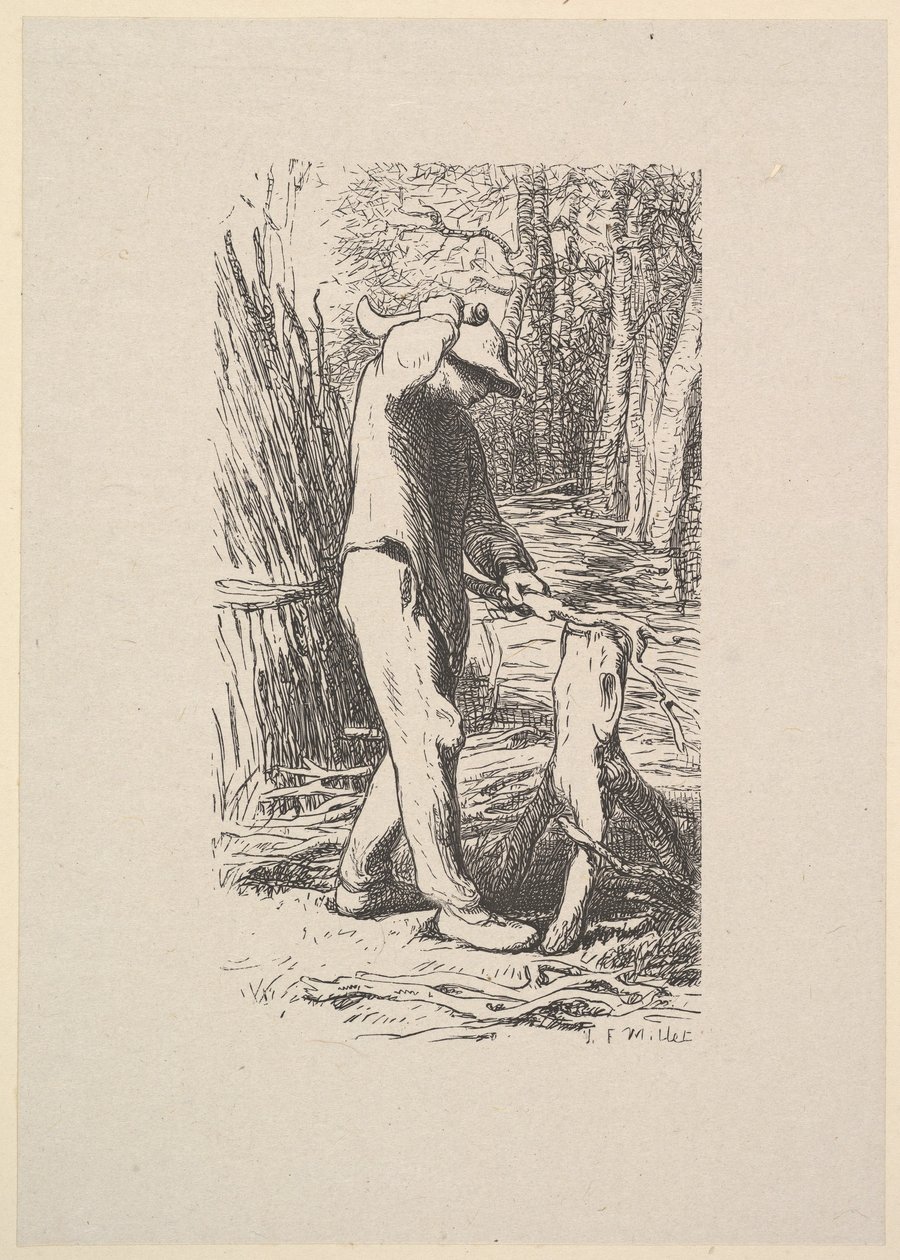 Houthakker maakt een bundel takken, 1853 door Jacques Adrien Lavieille