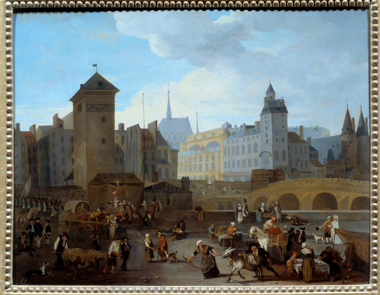 Franse Revolutie: Uitzicht op de brug en de pomp Notre-Dame in Parijs door Jacques Albert Senave