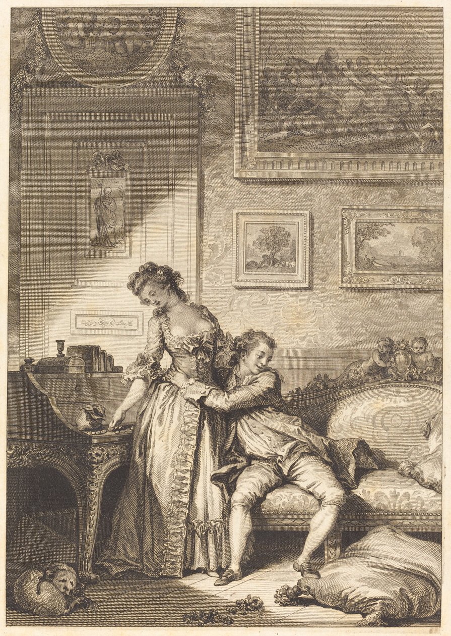 Een gierige vrouw, een galante oplichter door Jacques Aliamet and Antoine Jean Duclos after Jean Honoré Fragonard