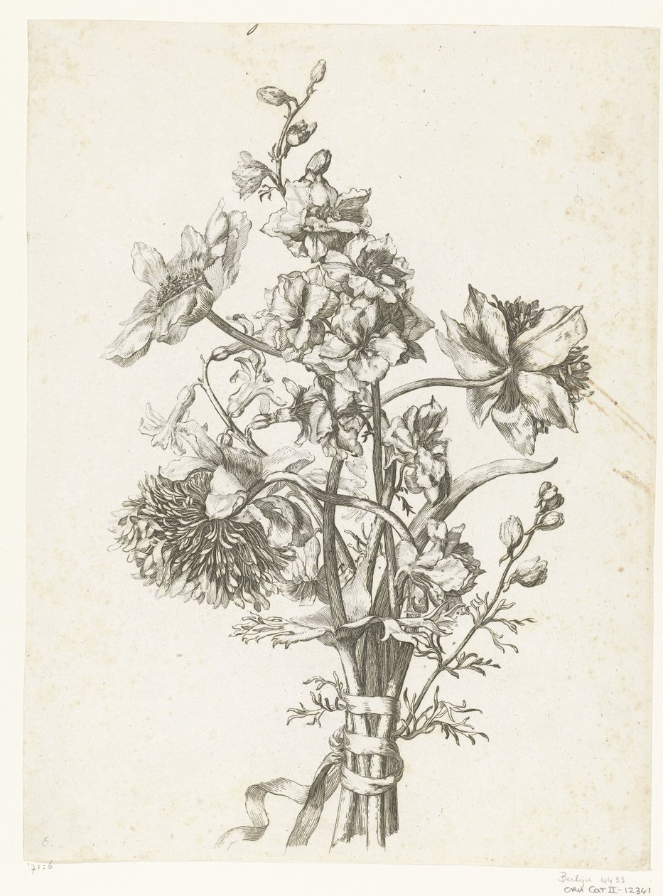 Boeket met anemonen, een hyacint en riddersporen door Jacques Bailly (I)