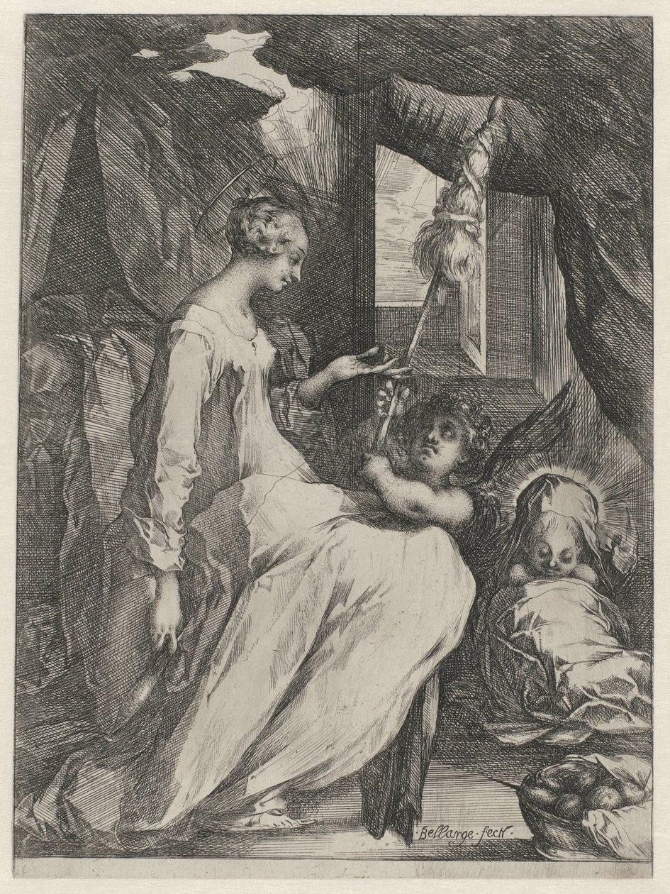 De Maagd Maria spint met het Christuskind en een engel door Jacques Bellange