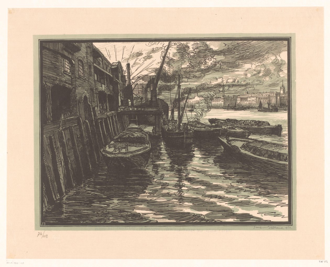 Sloepen op de Theems in Londen door Jacques Beltrand (signed by artist)