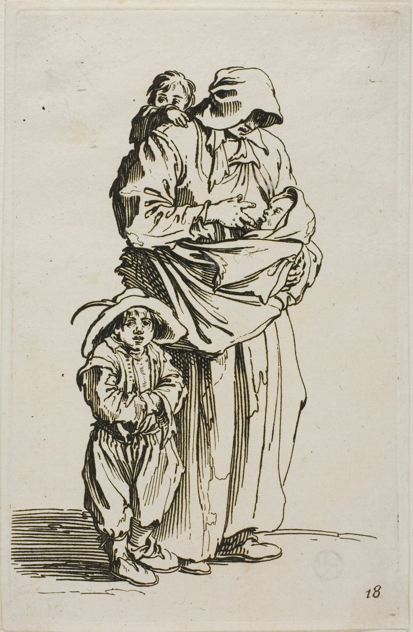 Een moeder met haar drie kinderen, plaat 18 uit De Bedelaars door Jacques Callot