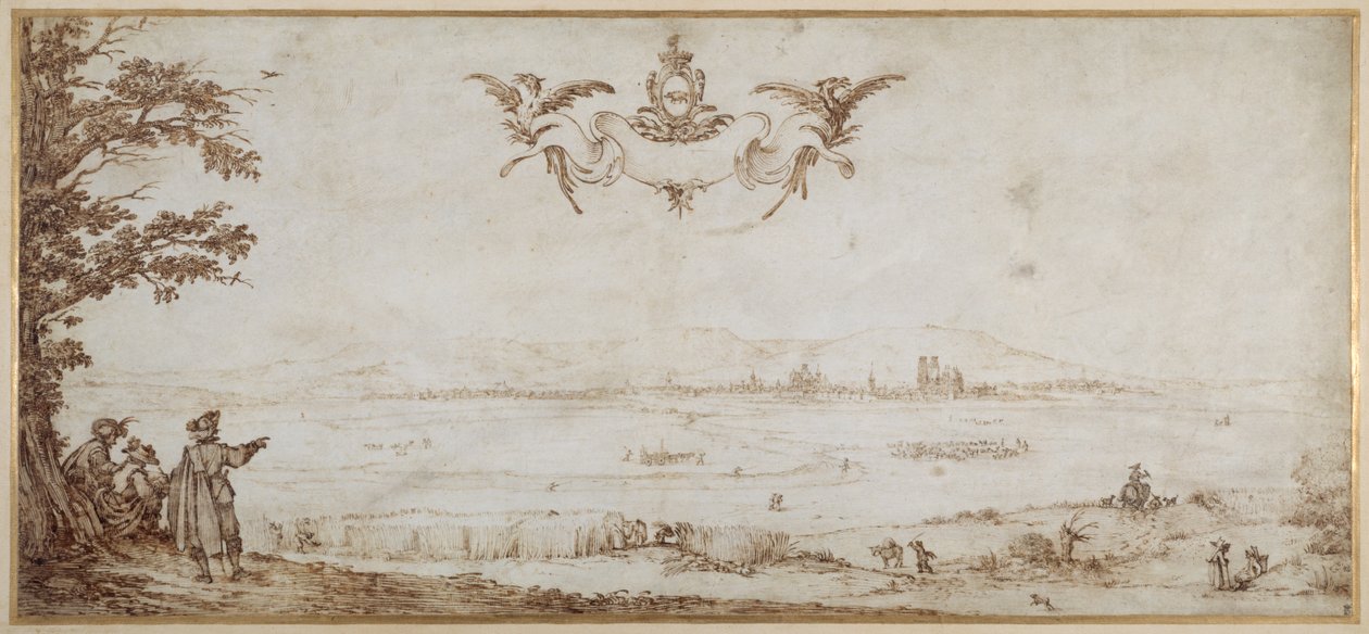 Een uitzicht op Toul over de vlakte, landschap met figuren, de lucht met de wapens van Porcellets door Jacques Callot