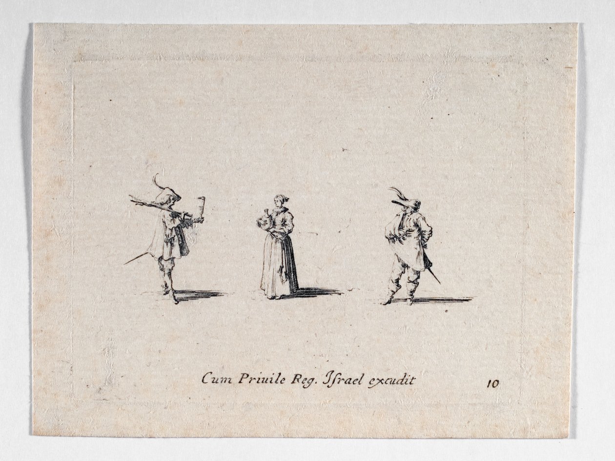 Een dame met een wijnfles en twee cavaliers, van ... (gravure) door Jacques Callot