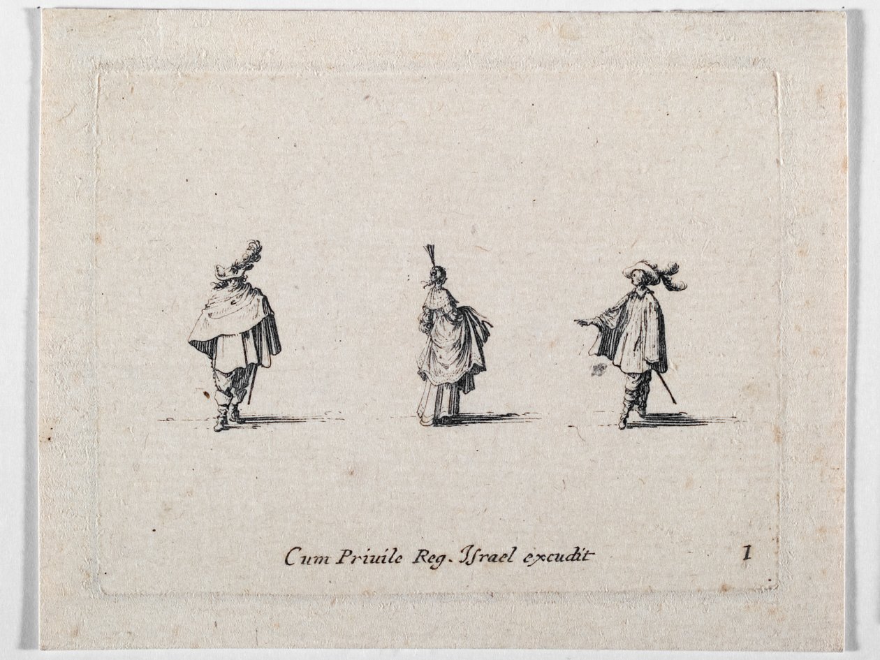 Een dame met gerimpelde rok en twee cavaliers, uit Les Fantaisies de Noble J. Callot ... (gravure) door Jacques Callot