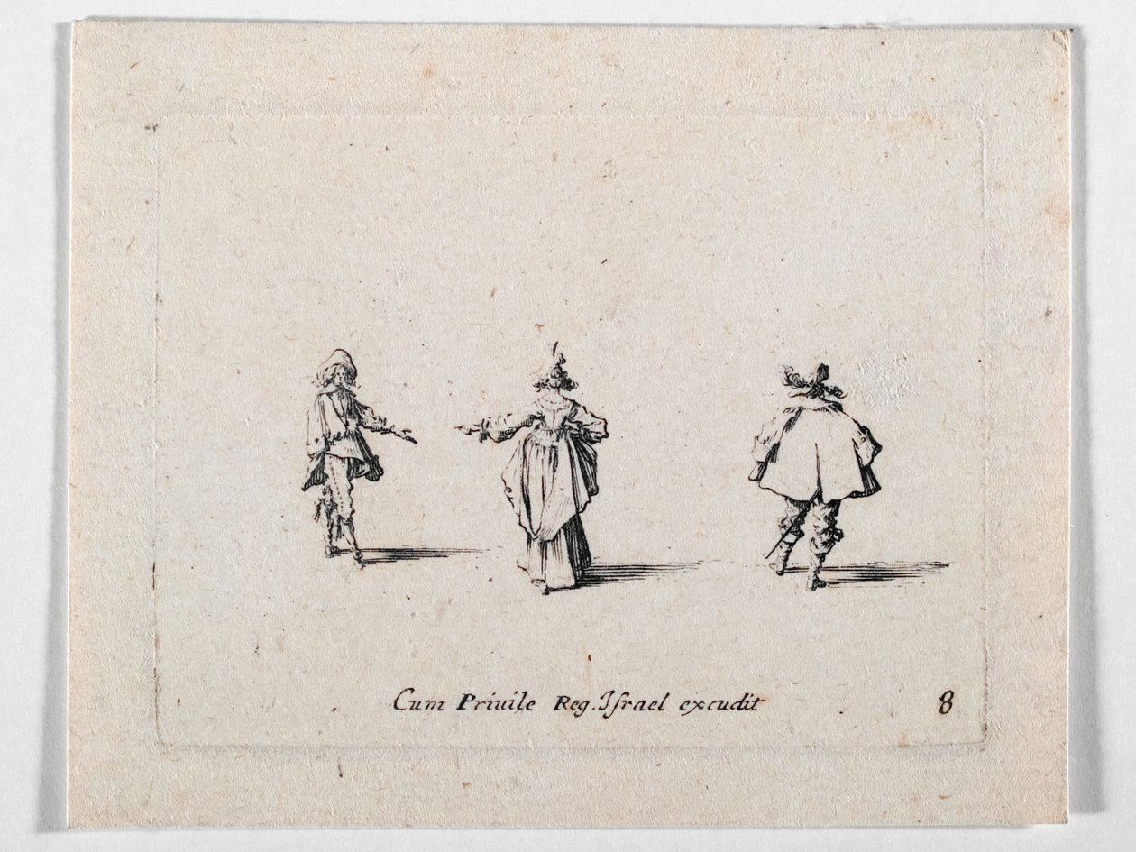 Een dame met uitgestrekte hand, op de rug gezien, en twee cavaliers, uit Les Fantaisies de Noble J. Callot ... (gravure) door Jacques Callot