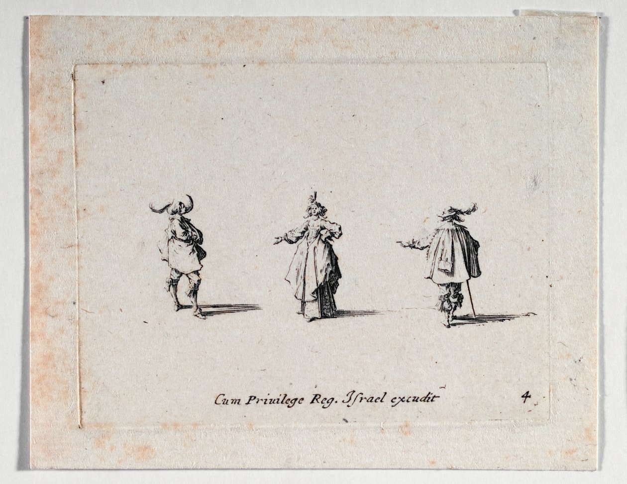 Een dame met uitgestrekte hand en twee cavaliers, van ... (gravure) door Jacques Callot