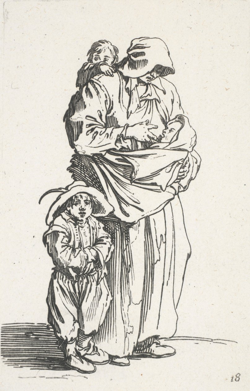 Een moeder en haar drie kinderen, uit De Bedelaars door Jacques Callot