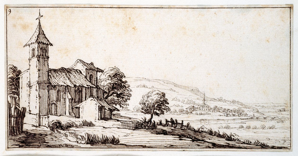 Een rivierlandschap dicht bij Nancy, met de kerk van het dorp Maxeville en een andere in de verte, uit een album van Israel Silvestre, ca. 1630 door Jacques Callot