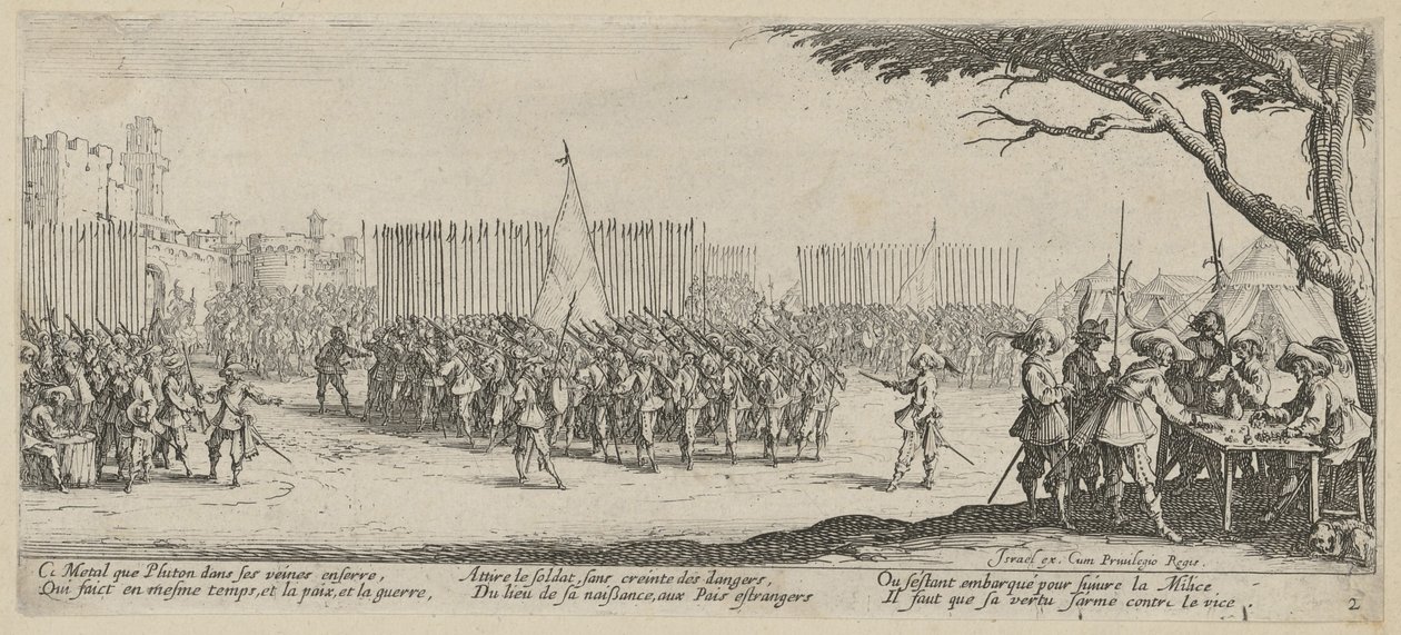 Werving van troepen, blad 2 uit de reeks „Ellende van de oorlog” door Jacques Callot