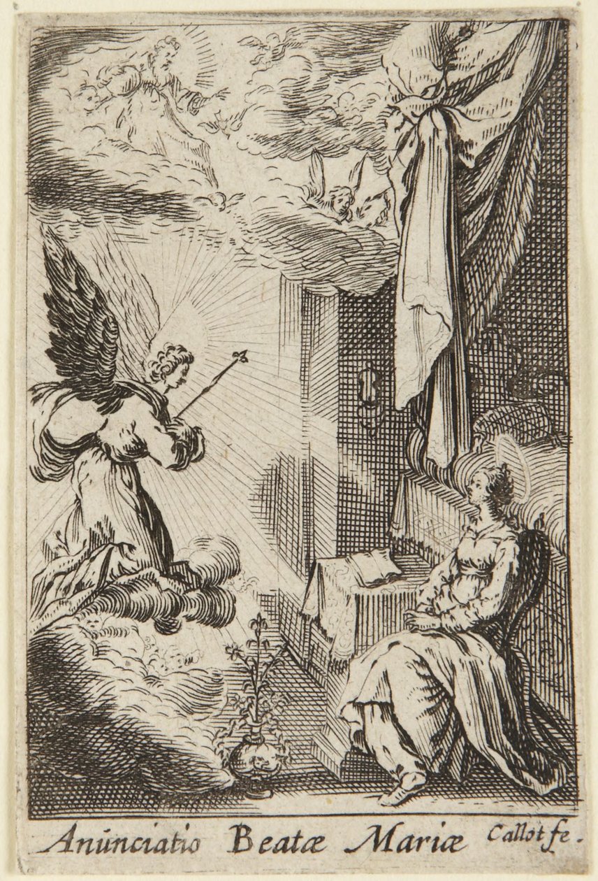 De aankondiging, uit de serie *La Vie de la Sainte Vierge* (Het leven van de Maagd) door Jacques Callot