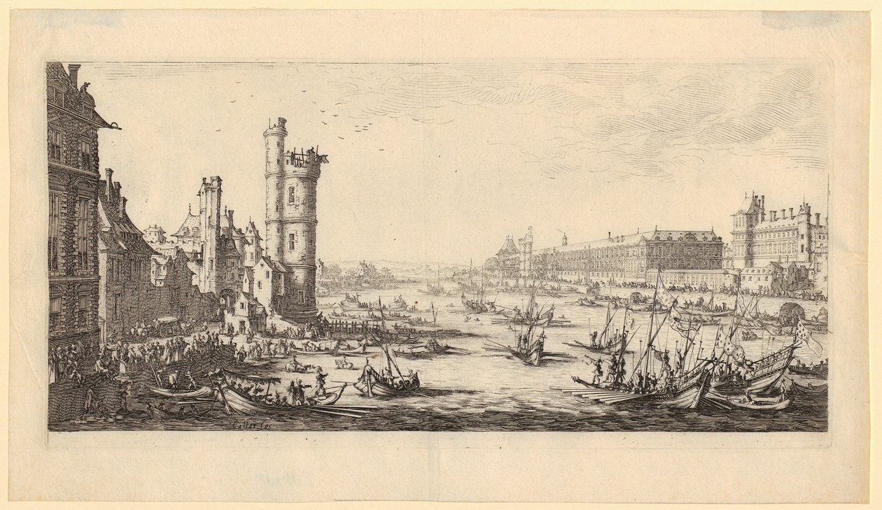 Uitzicht op het Louvre, blad 1 uit de serie „De twee grote uitzichten op Parijs“ door Jacques Callot