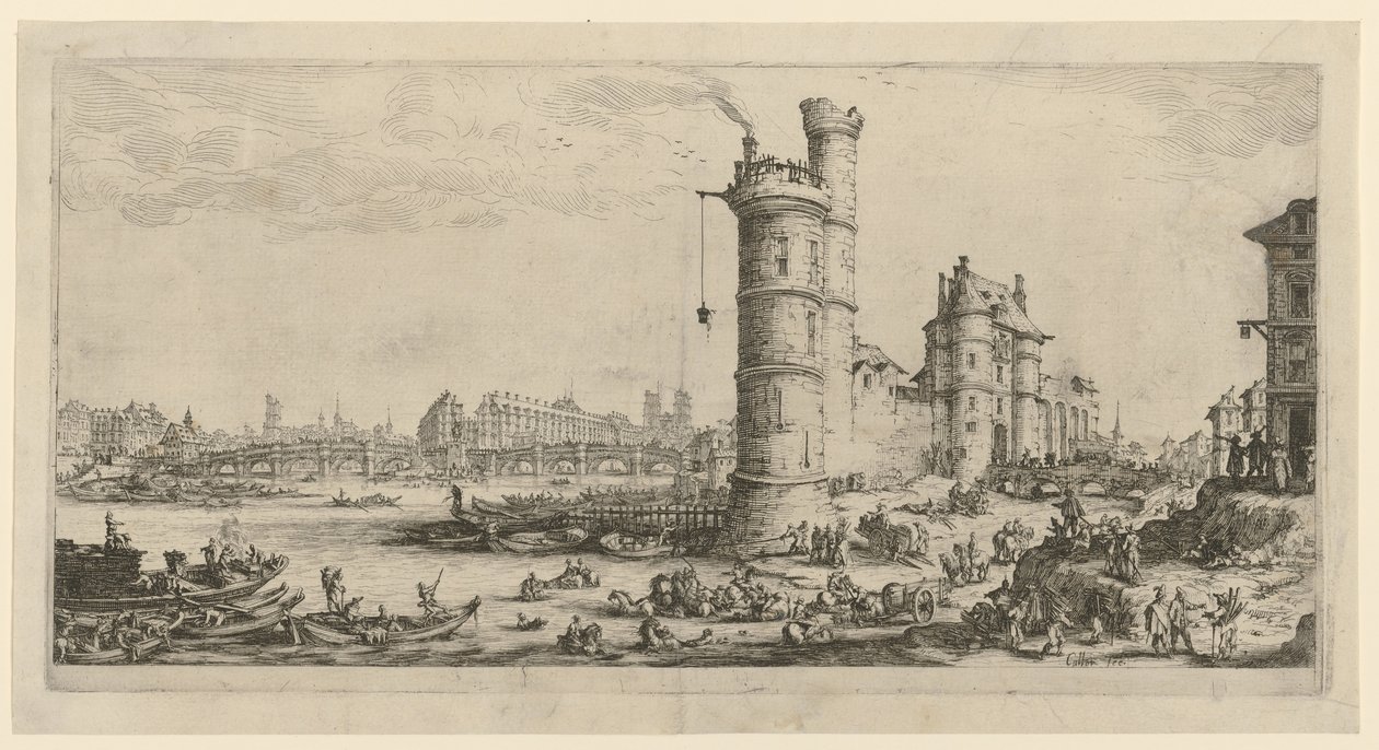 Uitzicht op de Pont-Neuf, blad uit de serie „Twee grote uitzichten op Parijs“ door Jacques Callot