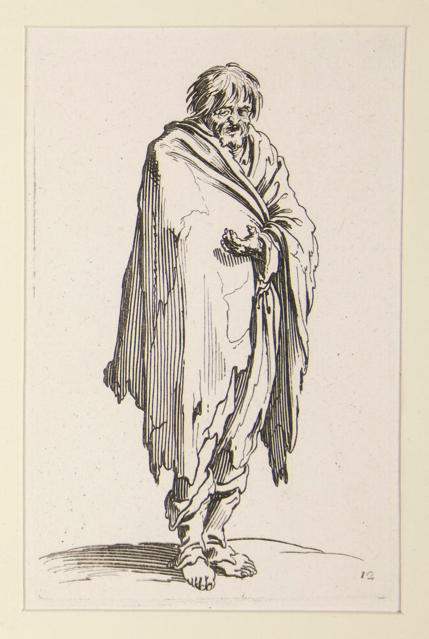 Bare-headed bedelaar met ongeschoeide voeten, uit De Bedelaars (Le mendiant a la tete decouverte et aux pieds nus) door Jacques Callot
