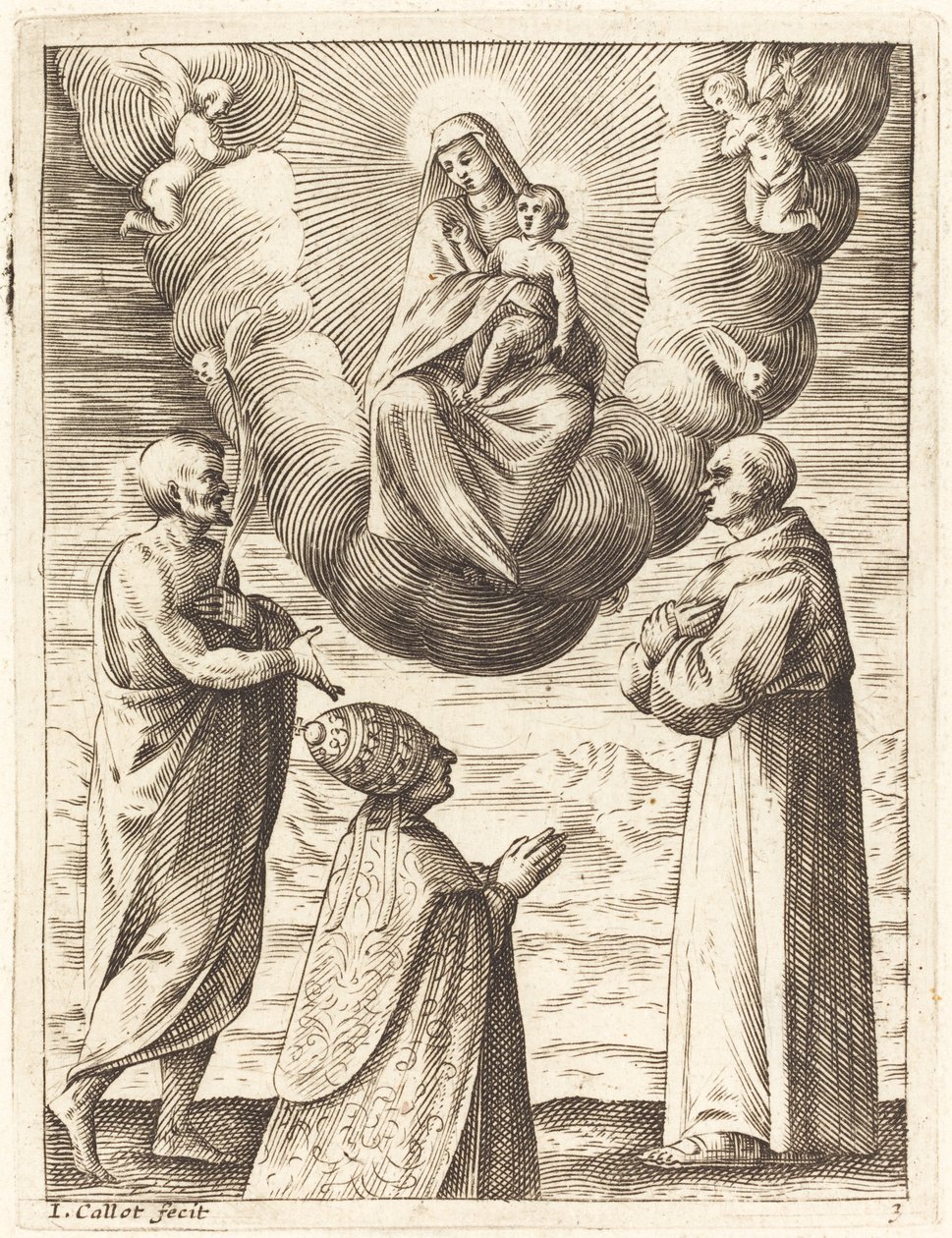 Bonifatius VIII met Heiligen Franciscus en Crispinus die de Maagd en het Kind Aanbidden door Jacques Callot