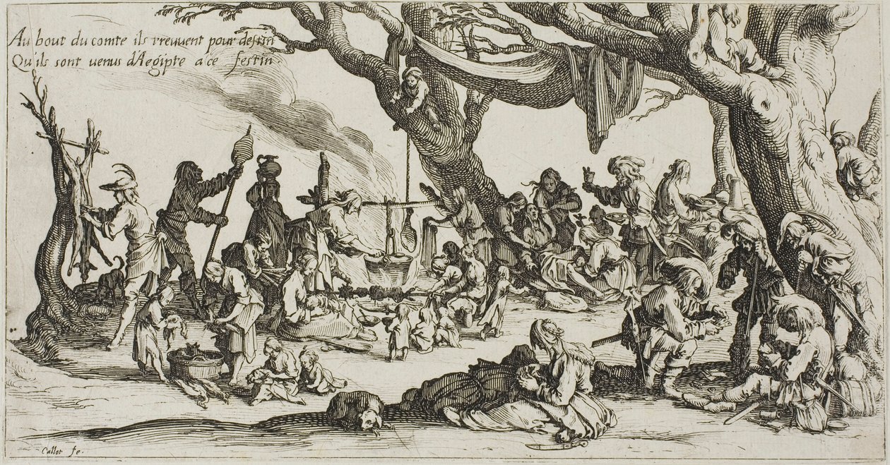 Kampeerplaats van de zigeuners: De voorbereiding van het feest door Jacques Callot