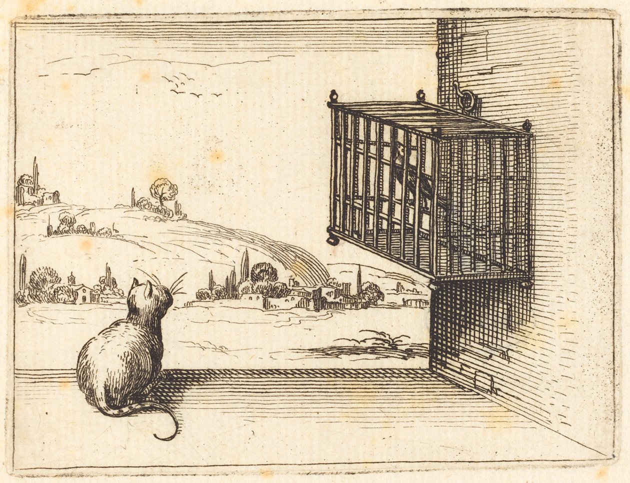 Kat die naar een gekooide vogel kijkt door Jacques Callot